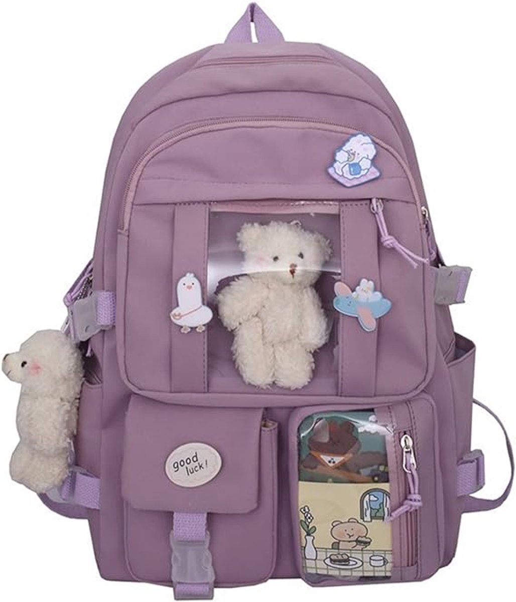 Waterproof backpack for girls - Girl's Backpack With Pin and Accessories - boys' backpack - women's backpack - Lightweight School Bag - School Student School Bag - Large Capacity Backpacks - Teenagers - High School Backpacks - Purple - Image 1
