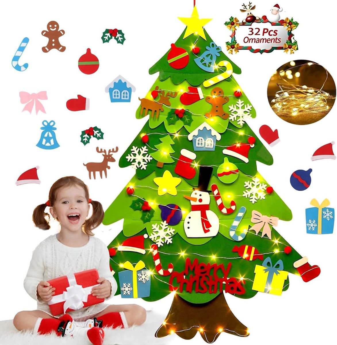 Felt Christmas tree - Christmas tree with lights - Felt Christmas tree for children incl. 32 ornaments - children's gift with string lights - Safe Felt DIY Tree - children's Christmas DIY wall hanging - Christmas Decoration Set - Christmas tree project - - Image 1