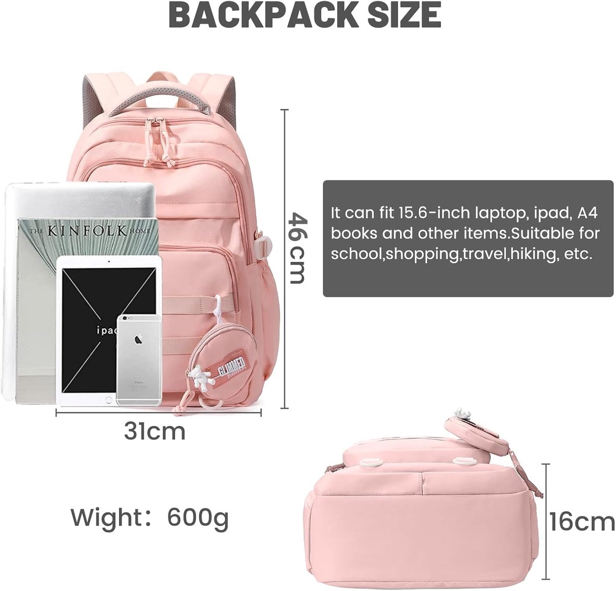 Waterproof backpack for girls - Girl Backpack - School backpack - lightweight school bag - School bag - Girls School Student School Bag - Large capacity backpacks for Girls and Boys - Teenagers - High School backpacks - Pink - Image 5