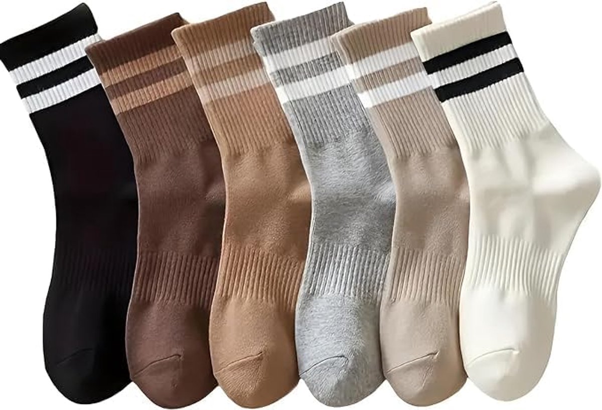6 pairs - Socks - Cotton Socks - Autumn and winter socks - Comfortable and durable socks - striped socks for women - comfortable cotton leisure socks for women - cute socks - black, grey, white, coffee, khaki, light brown - Image 1