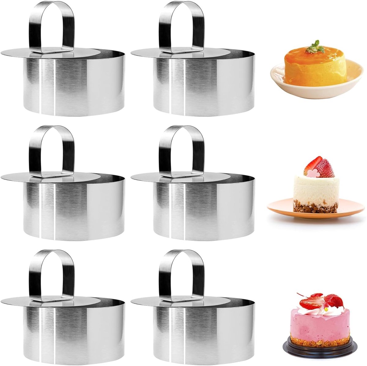 pieces - stainless steel - dessert rings - cake rings - with handle - molds - round dessert ring - for baking and cooking cakes, mousses, and desserts - 8*8*3.8 cm - silver - Image 1