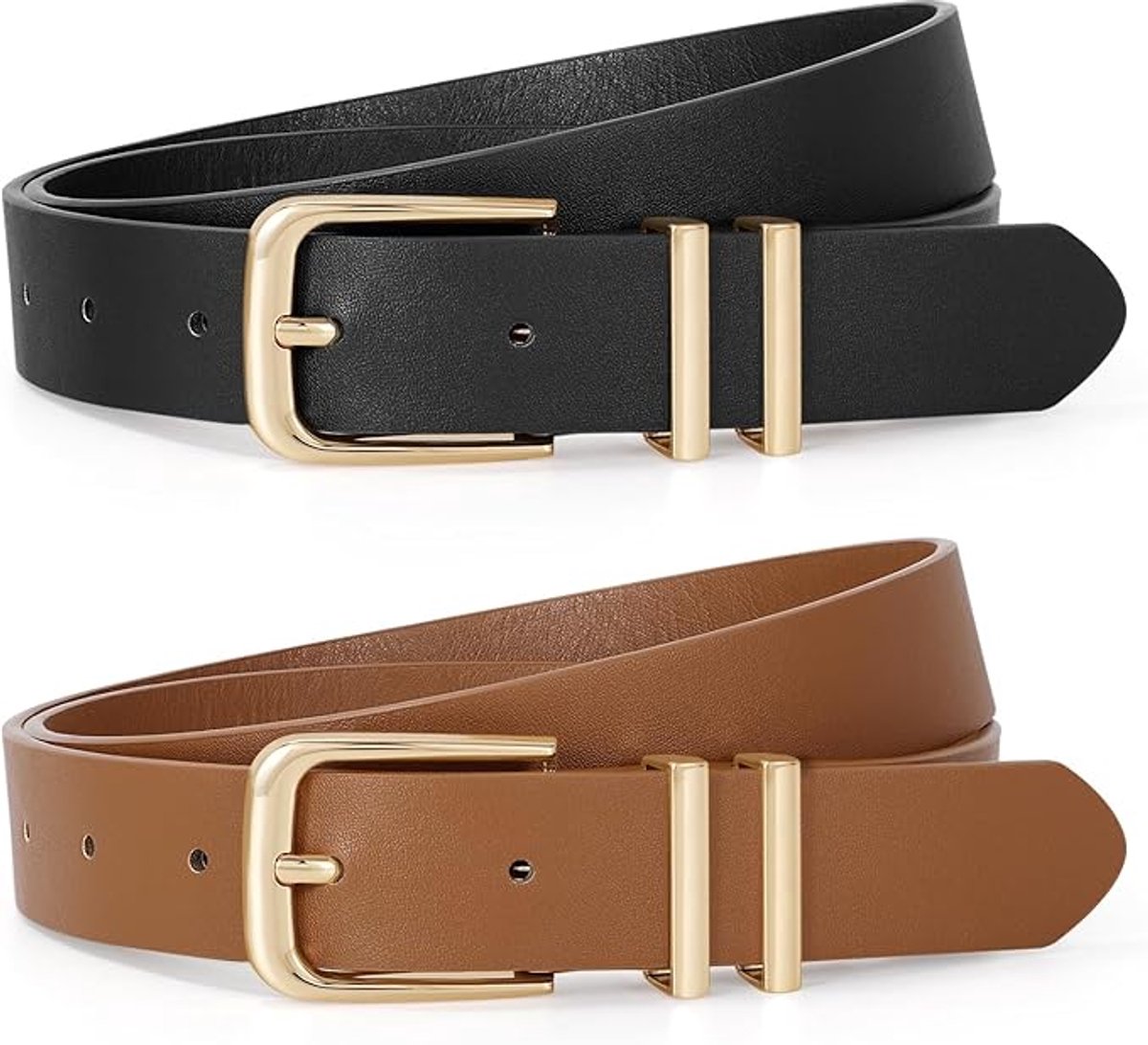 2-Piece Belt - Women's Belt - Stylish Retro - Trouser Belt - Women - Adjustable Unisex Belt - 110cm - Leather - Women's Belts for Jeans Dresses Trousers Women's Leather Waist Belt with Gold Buckle - 110 CM - Black/Brown - Image 1