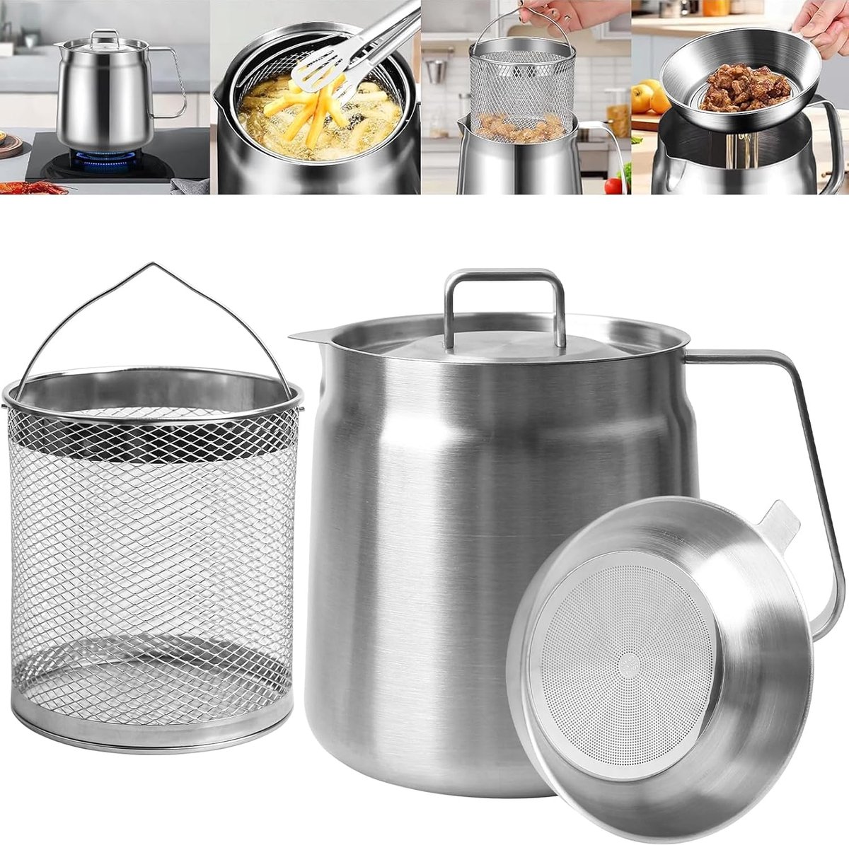 Stainless Steel Deep Fryer - 2 L - Filter Jug - Separates grease residues - Deep Fryer with Basket - Deep Fryer - Large Capacity - Suitable for Gas and Induction - Separates grease residues - Includes Frying Basket - Image 1