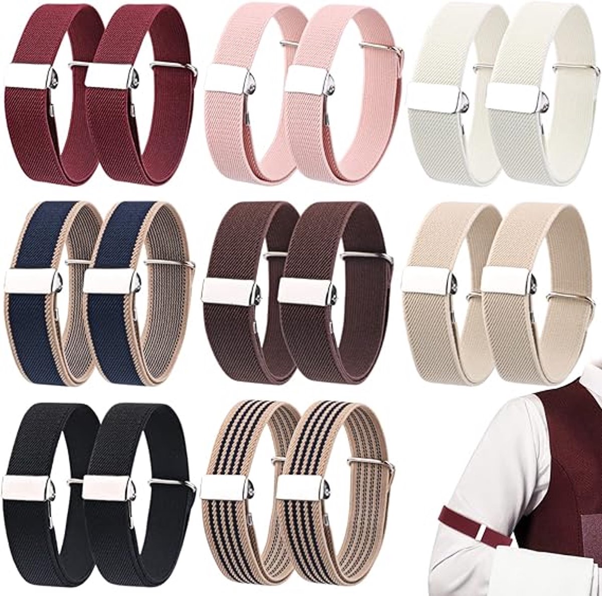 Sleeve Holder - 8 Pairs - Sleeve Holder - Sleeve Holders for Women and Men - Classic - Elastic - Women and Men - Sleeve Holders - Unisex Elastic Bracelets - Adjustable Shirt Sleeve Holders - Anti-Slip Bracelet - Multicolor - Image 1