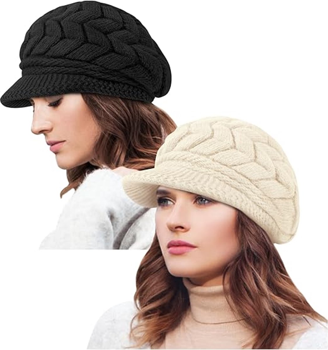 Ladies' Hat - Beanie Hat - Beret - Ladies' Beret - 2 Pieces - Knitted hat for ladies - Warm Winter Beret - Winter Hat - Warm Hats - Winter Hat with Brim - Winter - Fashion - Black/Beige - Image 1