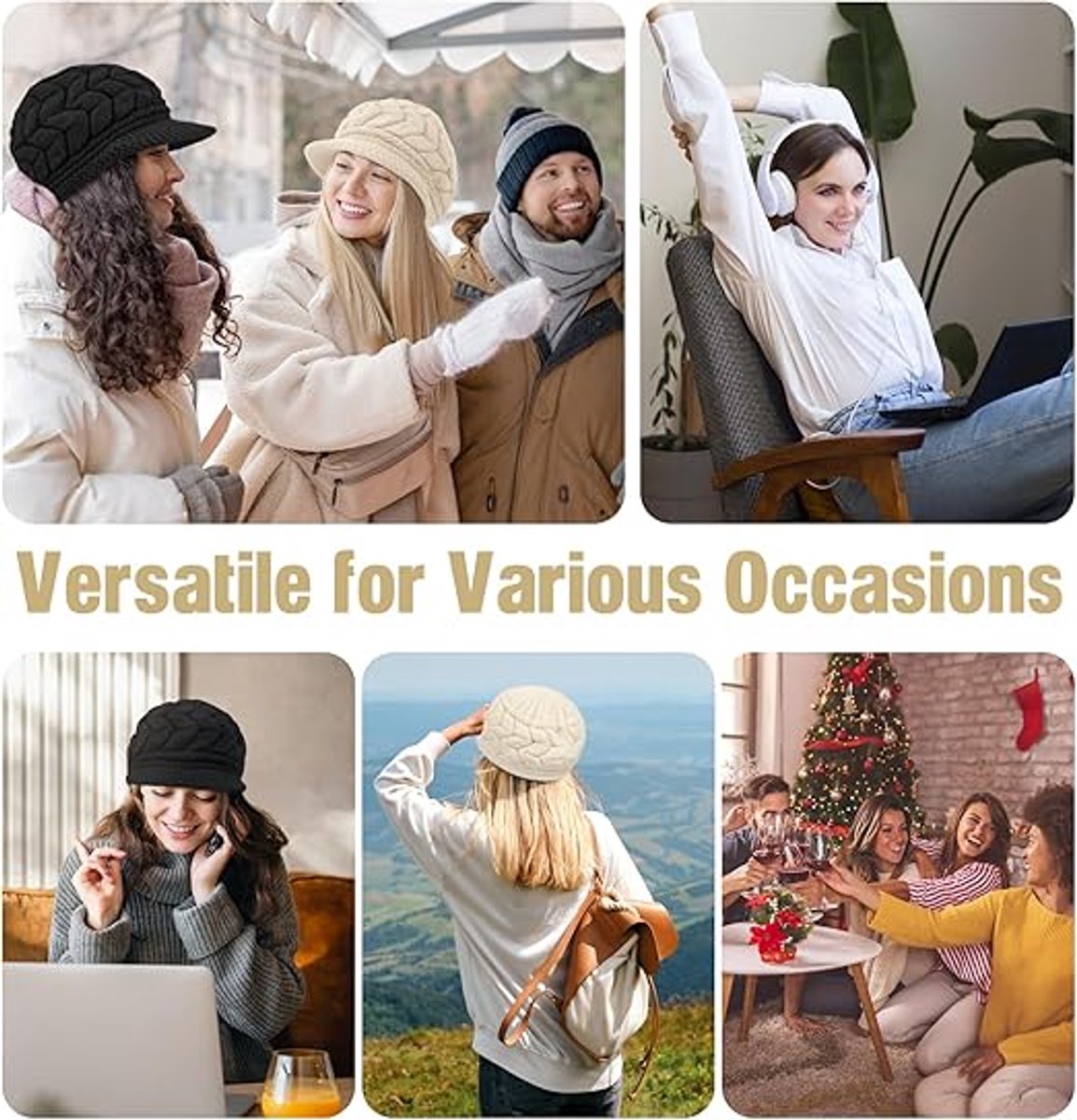Ladies' Hat - Beanie Hat - Beret - Ladies' Beret - 2 Pieces - Knitted hat for ladies - Warm Winter Beret - Winter Hat - Warm Hats - Winter Hat with Brim - Winter - Fashion - Black/Beige - Image 4