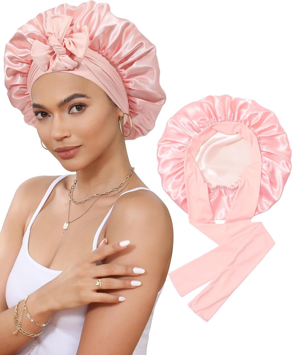 Satin Bonnet - Satin Bonnet - Satin Sleep Cap - Hairnets - Hair Cap - Sleep Cap - Satin Bonnet - Adjustable Satin Sleep Cap - Soft and comfortable - Hair care - curly hair Sleep Cap - with elastic tie band - Pink - Image 1