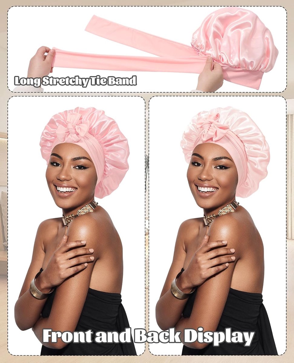 Satin Bonnet - Satin Bonnet - Satin Sleep Cap - Hairnets - Hair Cap - Sleep Cap - Satin Bonnet - Adjustable Satin Sleep Cap - Soft and comfortable - Hair care - curly hair Sleep Cap - with elastic tie band - Pink - Image 2