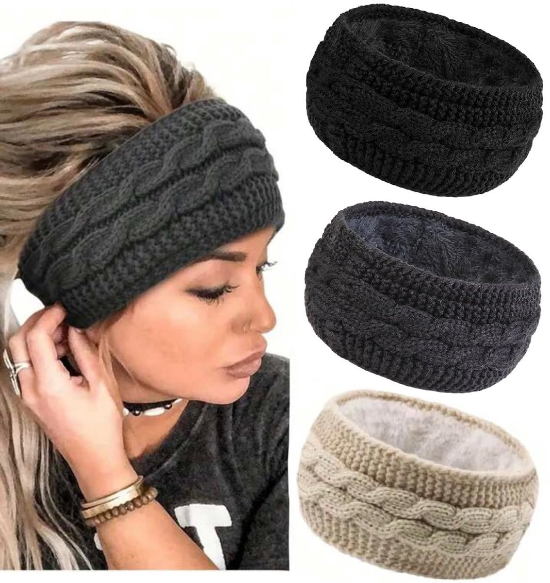 3 pieces - Headbands - Winter Headband for women - Ear warmers - Knitted Headbands - warm headbands - winter accessories - sports headband - cold weather headband - Christmas gifts - hair tie - hair accessories - black, grey, khaki - Image 1