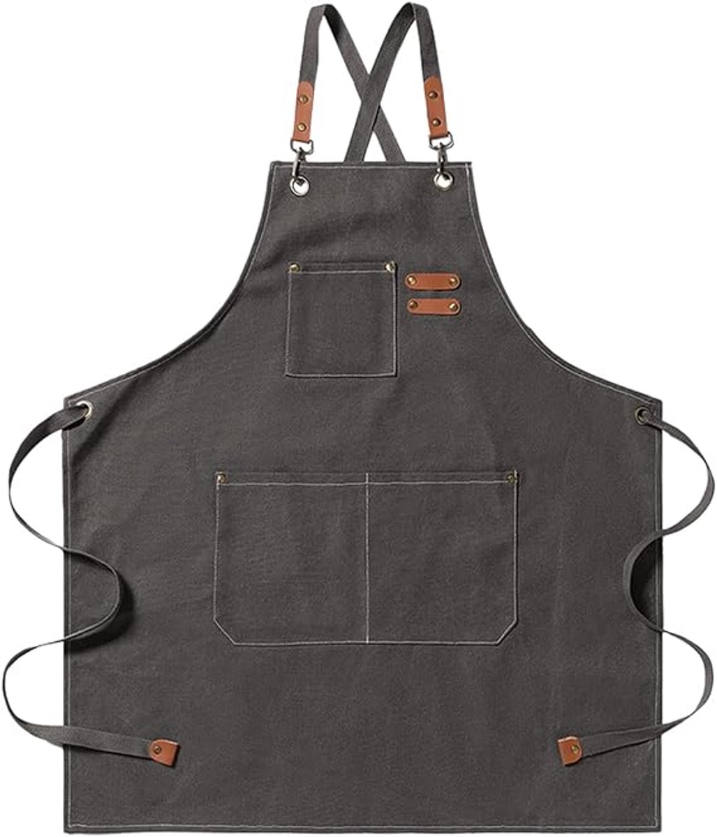 Men's Canvas Apron - Canvas Apron - 3 Pockets - Waterproof - Adjustable - Kitchen Apron for Men and Women - Apron for Barbecue, Restaurant, Garden, Carpenter - Easily Adjustable - Grey - 76 x 68 cm - Image 1