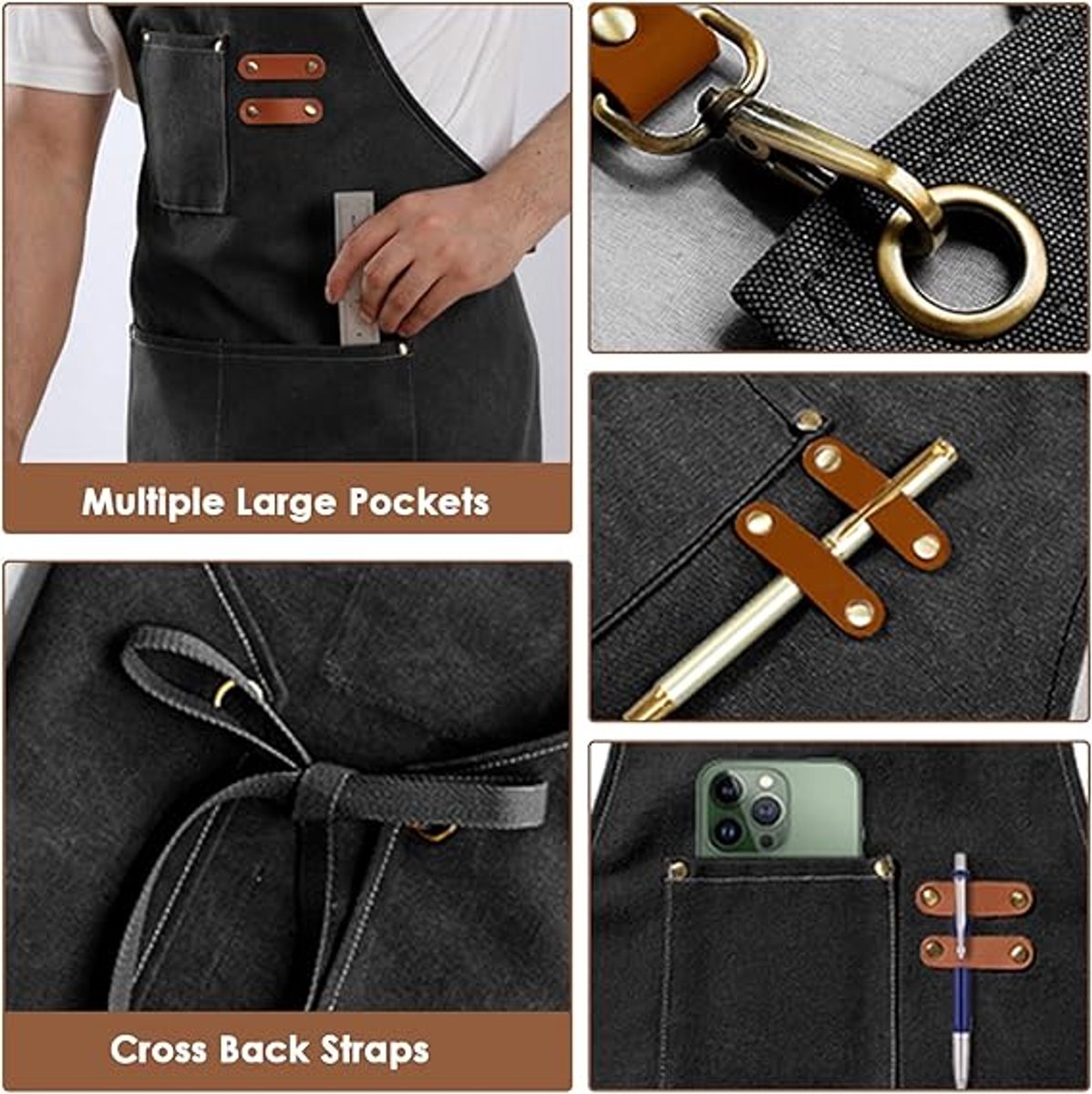 Men's Canvas Apron - Canvas Apron - 3 Pockets - Waterproof - Adjustable - Kitchen Apron for Men and Women - Apron for Barbecue, Restaurant, Garden, Carpenter - Easily Adjustable - Grey - 76 x 68 cm - Image 3