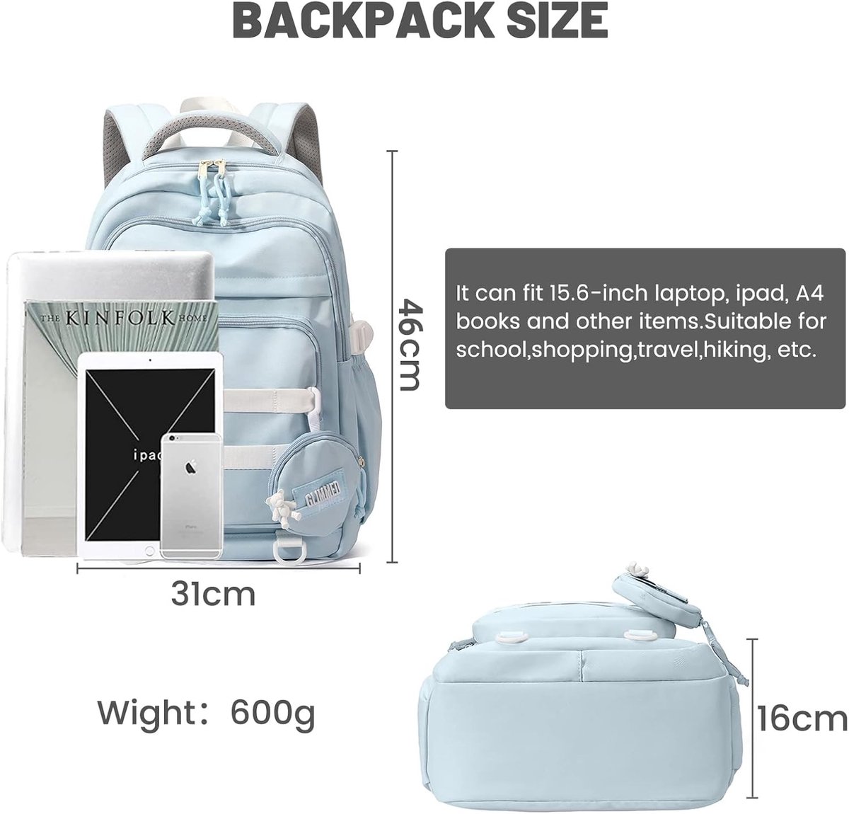 Waterproof backpack for girl - Girl's Backpack - School backpack - lightweight school bag - School bag - Girls School Student School Bag - Large capacity backpacks for Girls and Boys - Teenagers - High School backpacks - Blue - Image 4