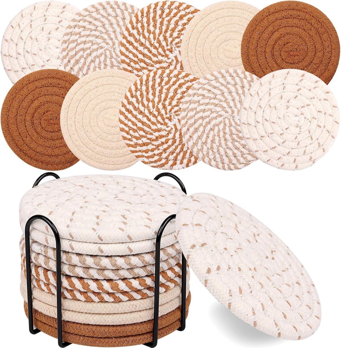 Set of 10 Round Coasters with Stand - Coaster Set - Thermal Insulation - Non-Slip Braided Cotton Coasters - Coasters for Glasses - for Glasses - For Drinks, Bar, Cups, Table Coasters - Khaki/White - Image 1