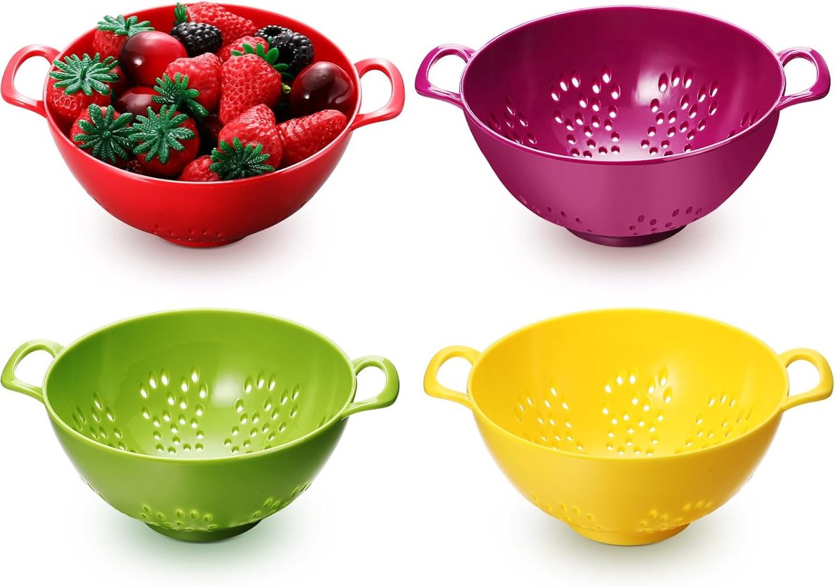 4 pieces - Vegetable laundry basket - Kitchen colander - plastic berry strainer - plastic colanders with handle - with double handles - small colander strainer - for fruit, vegetables and food - kitchen accessories - green, purple, red, yellow - 19*14.8*7 - Image 1