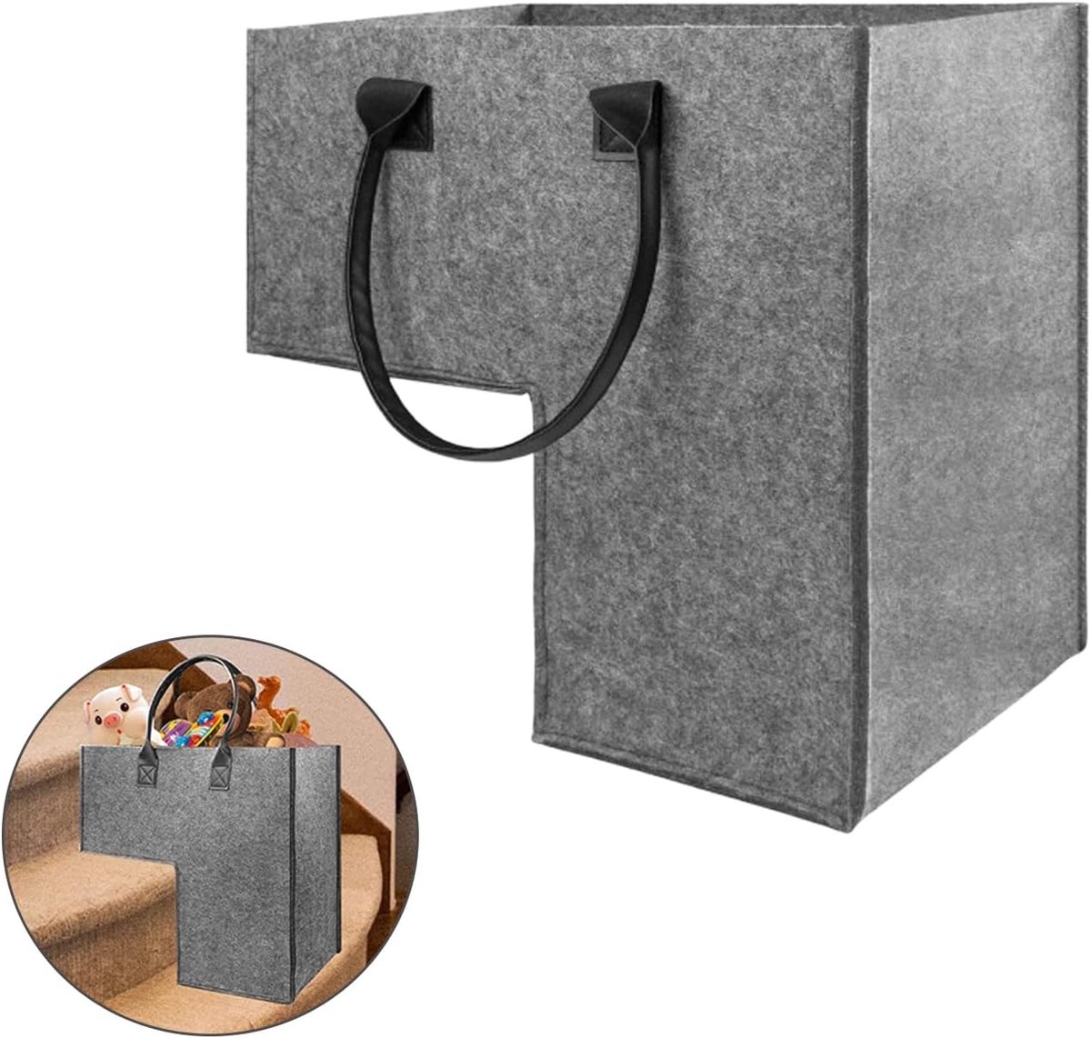 Stair Organizer Basket - Stair Basket - L-shaped Foldable Stair Basket - Storage Bag - Felt Stair Basket - Laundry Basket - Toy Basket - Household Items - for Laundry, Toys - 42*42*25.5 cm - Grey - Image 1