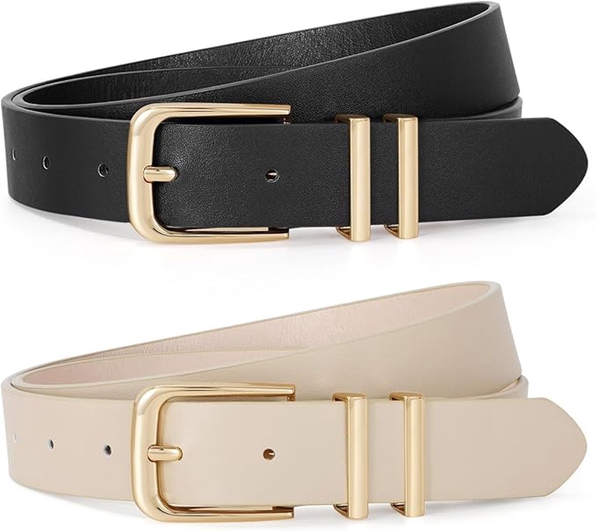 2-Piece Belt - Women's Belt - Stylish Retro - Trouser Belt - Women - Adjustable Unisex Belt - 110cm - Leather - Women's Belts for Jeans Dresses Trousers Women's Leather Waist Belt with Gold Buckle - 110 CM - Black/White - Image 1