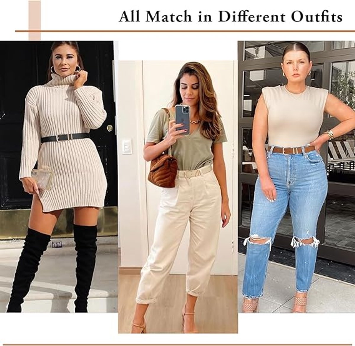 2-Piece Belt - Women's Belt - Stylish Retro - Trouser Belt - Women - Adjustable Unisex Belt - 110cm - Leather - Women's Belts for Jeans Dresses Trousers Women's Leather Waist Belt with Gold Buckle - 110 CM - Black/White - Image 3