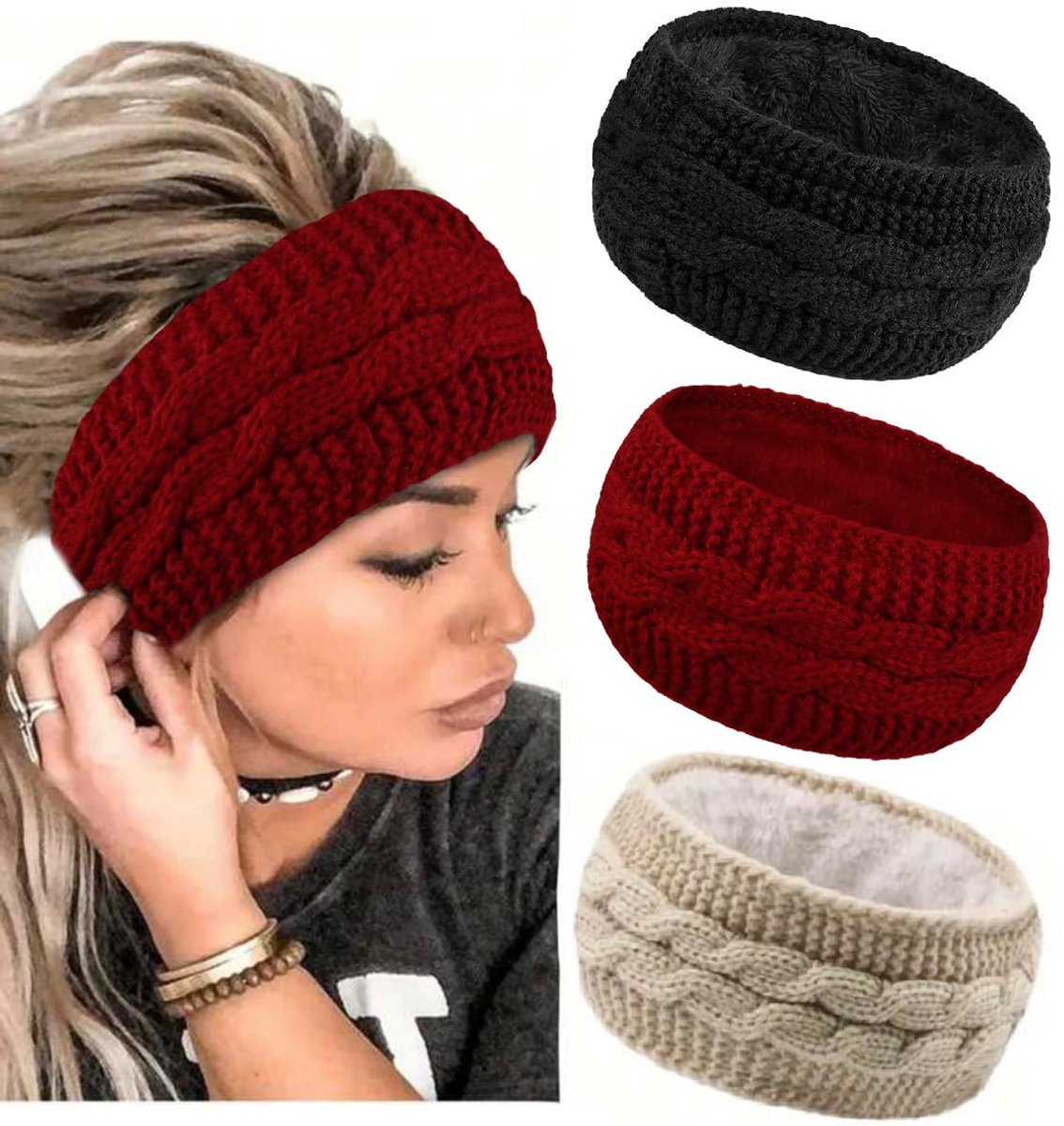 pieces - Headbands - Winter Headband for women - Ear warmers - Knitted Headbands - warm headbands - winter accessories - sports headband - cold weather headband - Christmas gifts - hair tie - hair accessories - black, red, khaki - Image 1