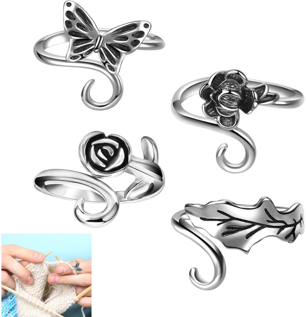 4 pieces - Crochet rings - Crochet finger rings - crochet ring - crochet ring crochet - vintage metal rings - adjustable - braided accessories - crochet tools - crochet supplies - silver - Image 1