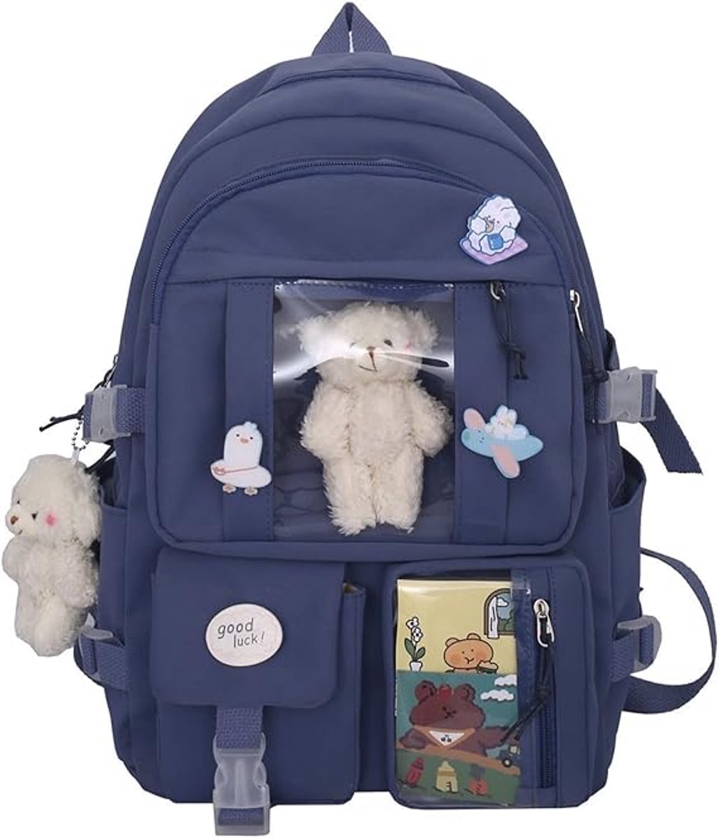 Waterproof backpack for girls - Girl's Backpack With Pin and Accessories - boys' backpack - women's backpack - Lightweight School Bag - School Student School Bag - Large Capacity Backpacks - Teenagers - High School Backpacks - Blue - Image 1