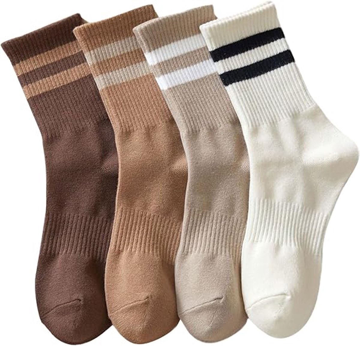 4 pairs - Socks - Cotton Socks - Autumn and winter socks - Comfortable and durable socks - striped socks for women - comfortable cotton leisure socks for women - cute socks - white, coffee, khaki, light brown - Image 1