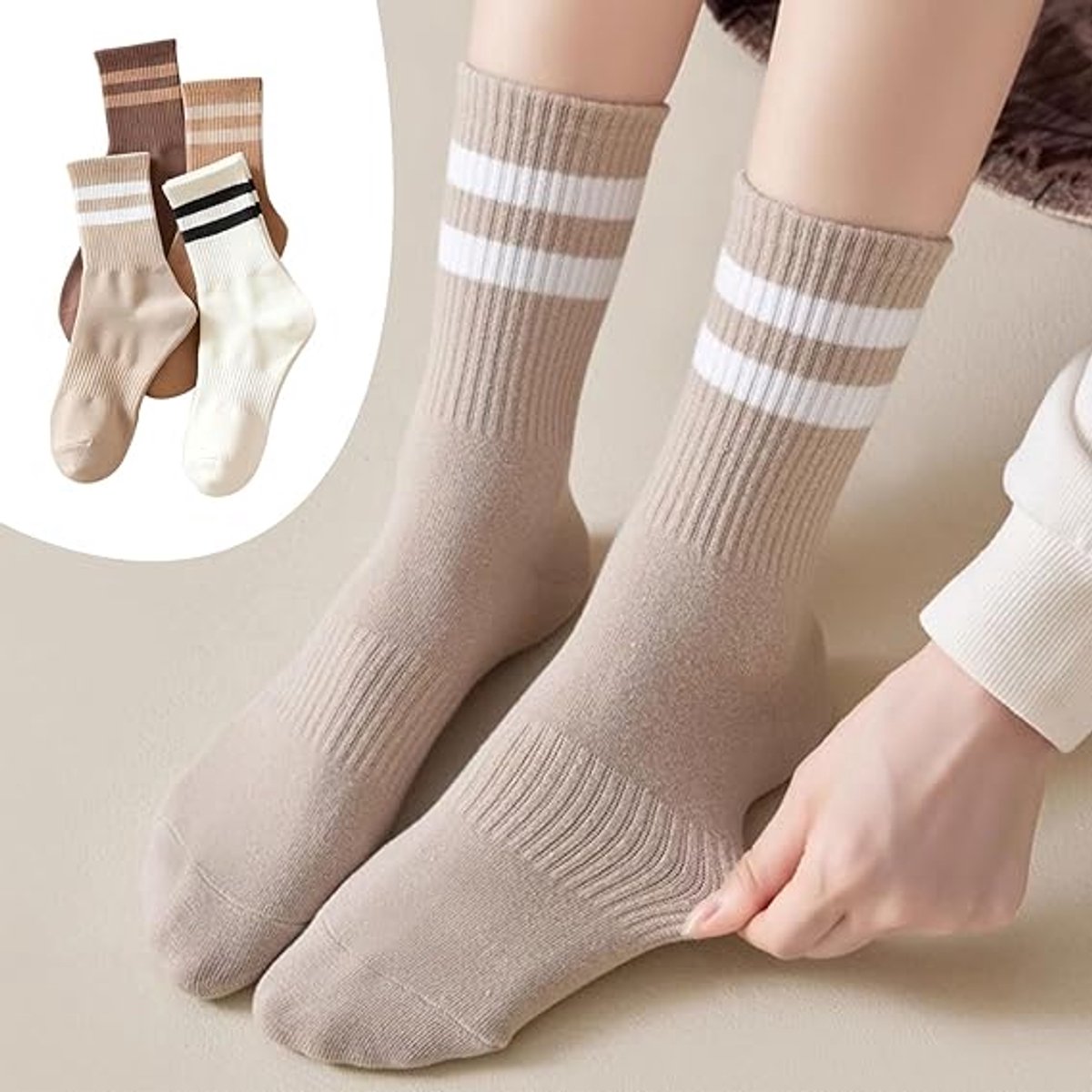 4 pairs - Socks - Cotton Socks - Autumn and winter socks - Comfortable and durable socks - striped socks for women - comfortable cotton leisure socks for women - cute socks - white, coffee, khaki, light brown - Image 2
