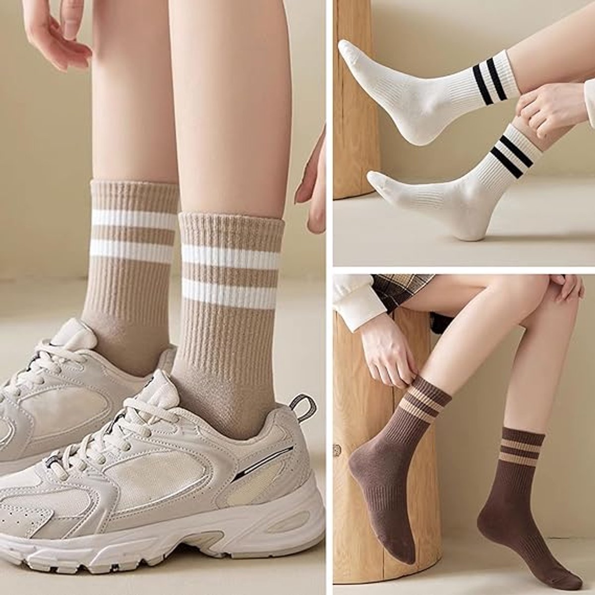 4 pairs - Socks - Cotton Socks - Autumn and winter socks - Comfortable and durable socks - striped socks for women - comfortable cotton leisure socks for women - cute socks - white, coffee, khaki, light brown - Image 3
