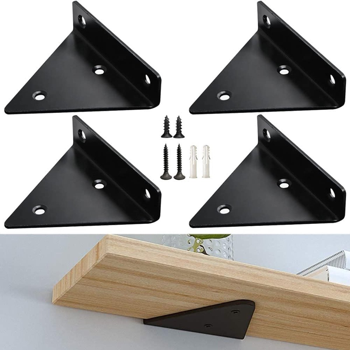 4 pieces - Shelf brackets - 10*8 cm - Wall-mounted floating bracket - Concealed shelf bracket - metal shelf brackets - triangular shelf bracket - with screws - invisible shelf bracket - for living room, bathroom and bedroom decor - black - Image 1
