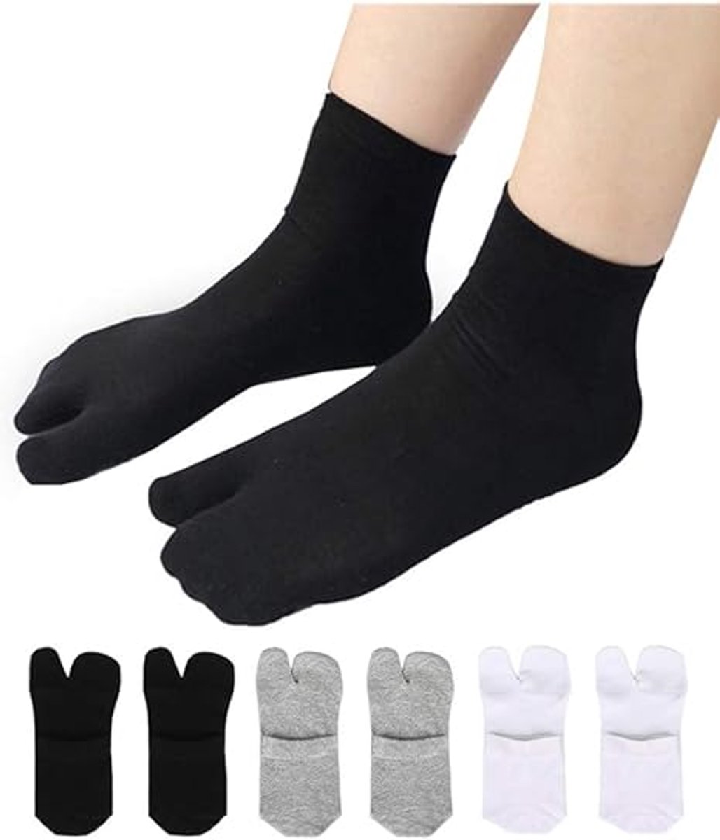 3 pairs - Tabi socks - Tabi Sock Set - Tabi Athletic Socks - Sandal socks - Big toe sock - Slipper socks - Cotton socks - Toe socks - Unisex - sports socks - with a quarter ankle and two toes - One size - 28.5 cm - black, white, grey - Image 1