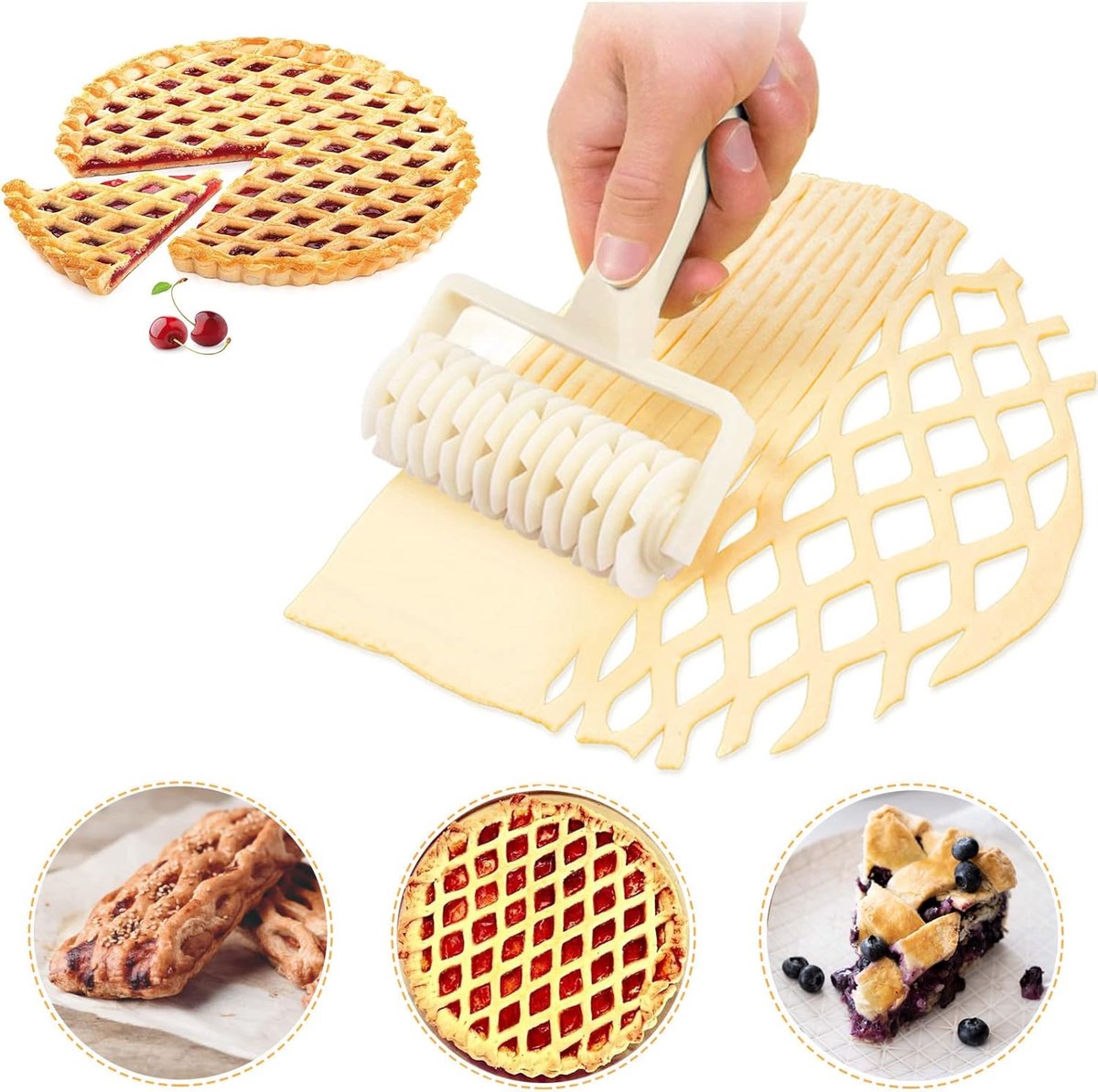Dough cutter - Grid roller - Grid cutter - Grid cutter for rolling pins - Grid dough knife - roller cutter - rolling pin - kitchen utensils - baking tools - for cookies, cakes, pizza, bread - white - 19.5*12 cm - Image 1