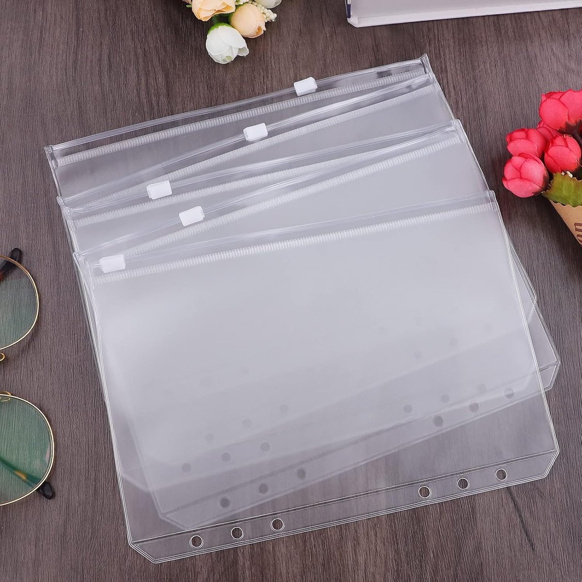 A5 (21x14.9cm) Binder Bags - 12 Pieces - Money Folders with Closure - 6 Holes Budget Cash Envelopes for Budgeting - Transparent Zipper Folder - Waterproof PVC Document Pouch Archiving - Transparent - Image 2