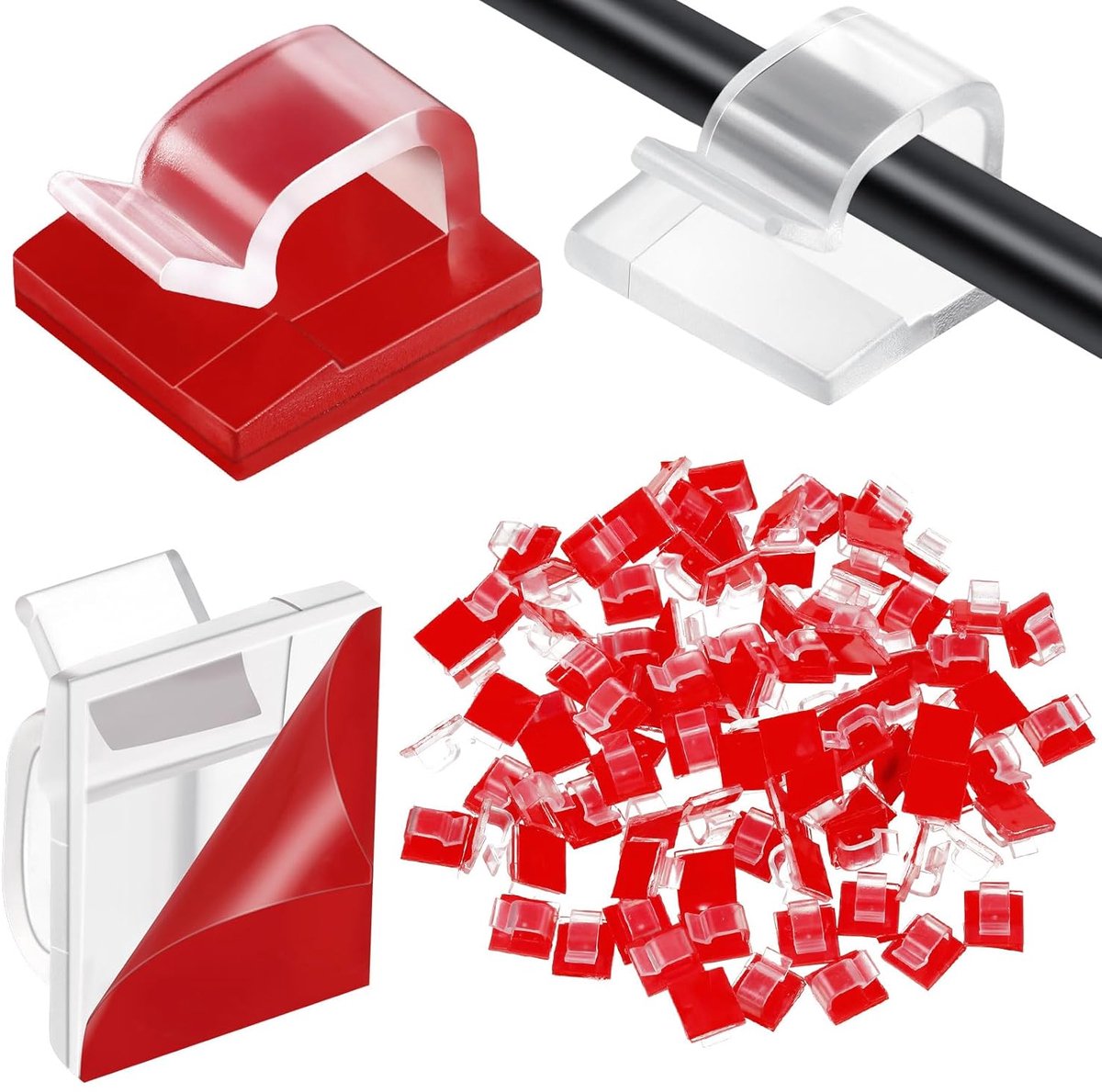 120 pieces - Cable clips - Cable holder - Cable clamp - Cord organizer - Outdoor lighting clips - transparent self-adhesive cable clips - for Christmas lights - with adhesive strips - patio decoration - for hanging wires and cable management - 14*14 mm - Image 1