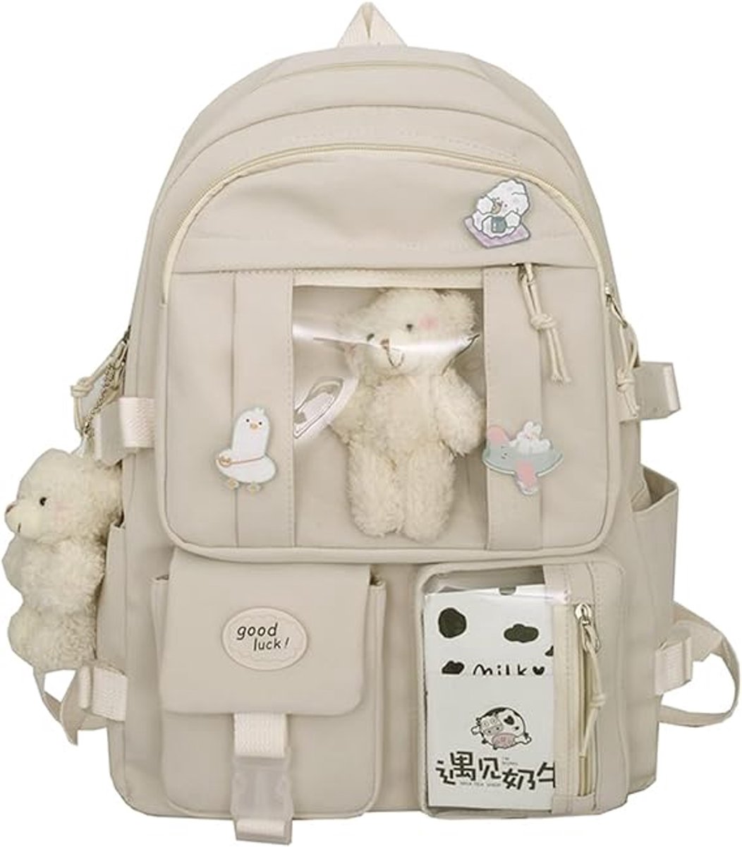 Waterproof backpack for girls - Girl's Backpack With Pin and Accessories - boys' backpack - women's backpack - Lightweight School Bag - School Student School Bag - Large Capacity Backpacks - Teenagers - High School Backpacks - White - Image 1