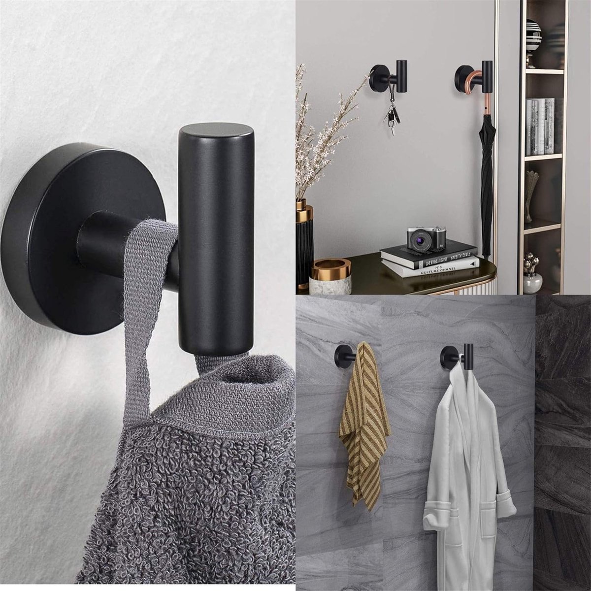 2 pieces - Towel hook - Hanging hooks - Hanging hooks - Bathroom towel hooks - Key hook - Clothes hook - Hat hook - Wall hooks - stainless steel hook - with screws - for bathroom, kitchen, garage, home, hotel, office - 5.5*6 cm - black - Image 2