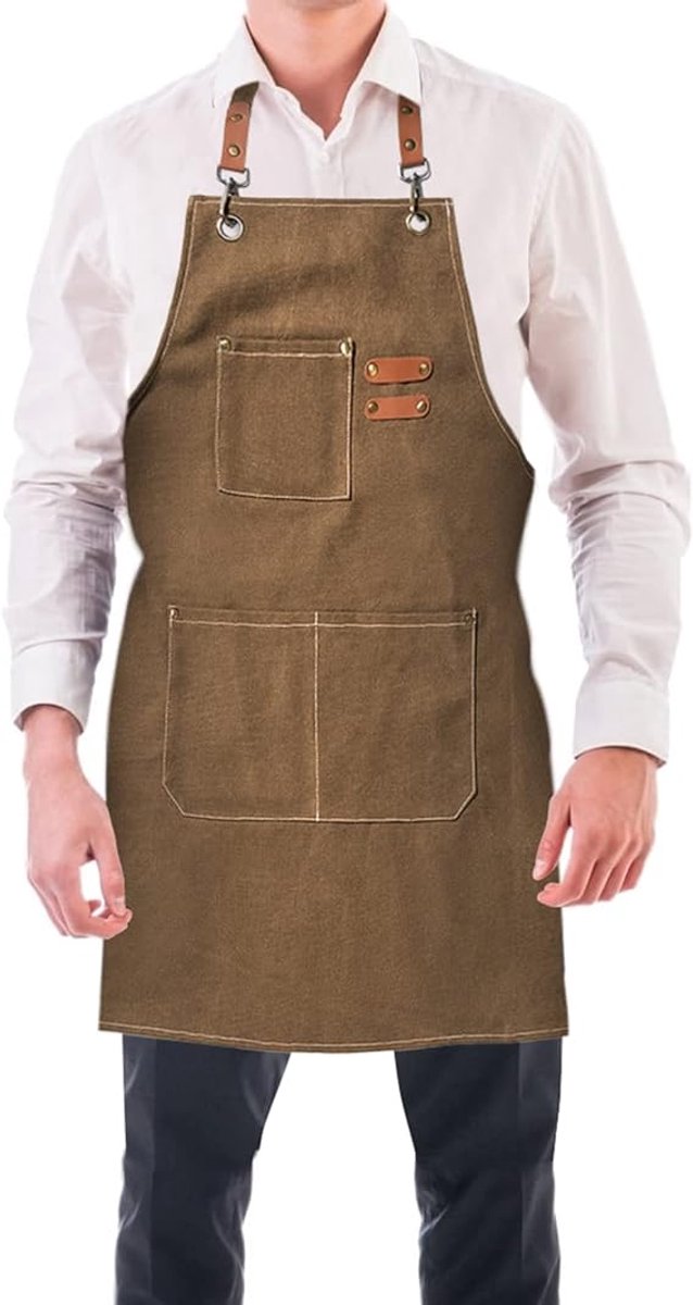 Men's Canvas Apron - Canvas Apron - 3 Pockets - Waterproof - Adjustable - Kitchen Apron for Men and Women - Apron for Barbecue, Restaurant, Garden, Carpenter - Easily Adjustable - Brown - 76 x 68 cm - Image 1