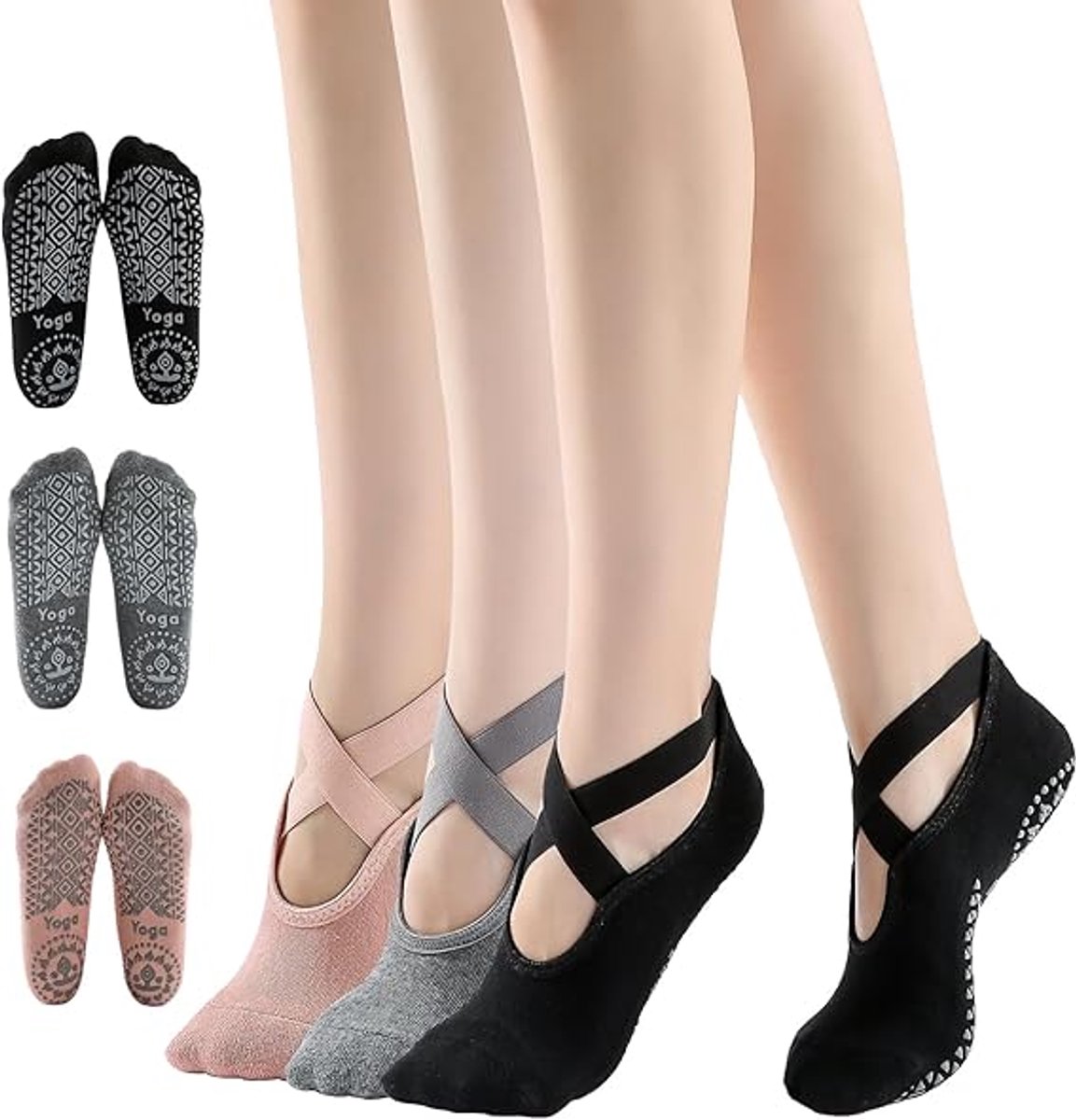 3 pairs of yoga socks - Pilates socks - non-slip socks - sports socks - ballet socks - for yoga pole Pilates dance - black, dark grey and pink - Image 1