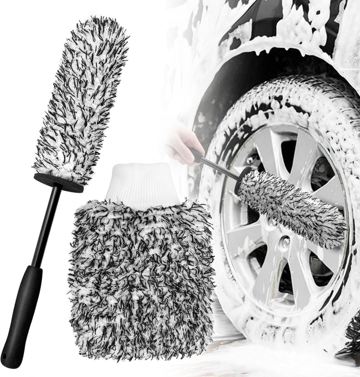 Rim Brush - Car Wheel Brush with Car Wash Glove - Microfiber Rim Brush - Tire Brush - Wheel Brush - Rim Cleaner - Car Rim Brush - Car Wheel Cleaning Brush - Detachable - Car Brush - Car Cleaning Set - Black - Image 1