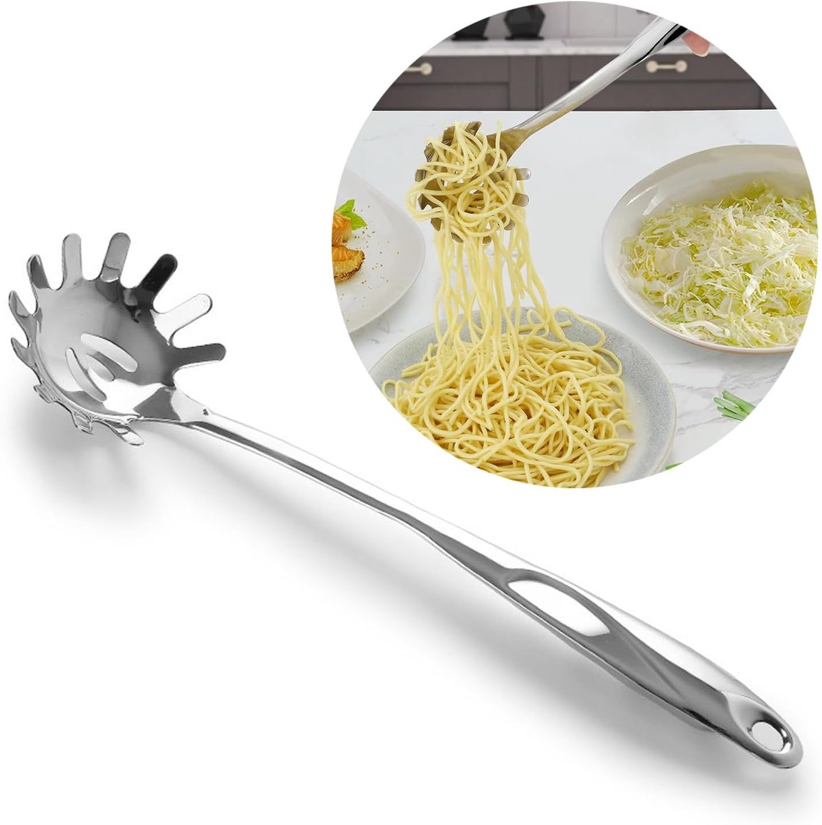 Spaghetti Spoon - Stainless Steel Pasta Spoon - Spaghetti Spoon - Pasta Spoon - User-friendly - Lightweight - Kitchen Utensil - Stainless Steel - Non-stick - Silver - Image 1