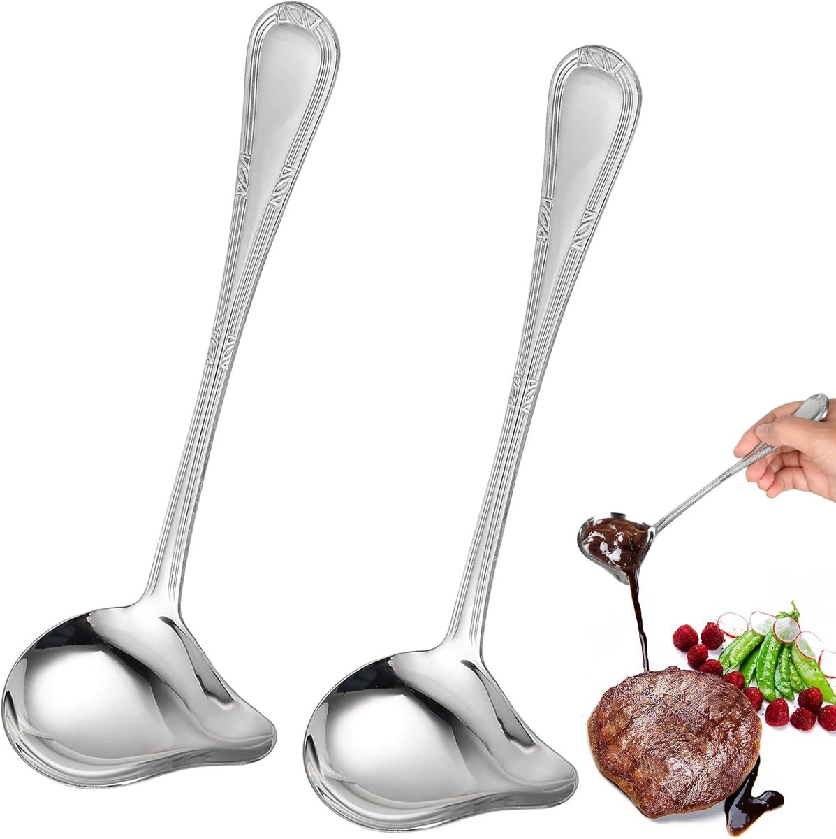 2 pieces - Gravy ladle - Spoon - Spoon with spout - Kitchen sauce ladle - Sauce ladle - Stirring spoon - Soup ladle - Ladle set - Cooking spoon - Serving spoon - Soup ladle - Oil and fat separator - Stainless steel kitchen spoons - for soup, sauce and spi - Image 1