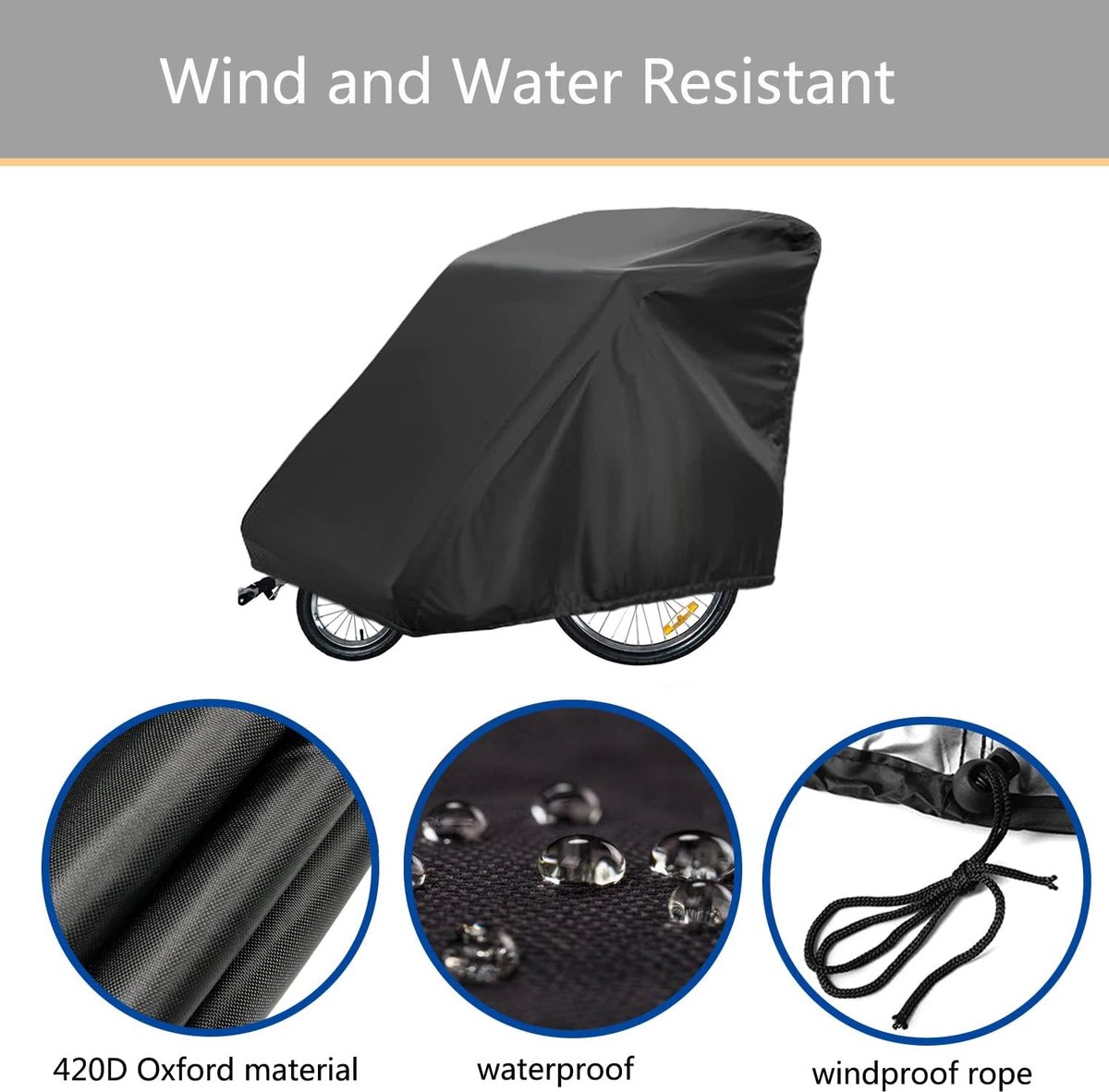 Bicycle Trailer Cover - Waterproof Bicycle Trailer Storage Cover - 420D Oxford Fabric - Waterproof cover for storing bicycle trailers - With PU coating - Child's Bicycle Trailer Cover - Anti-UV, windproof, dustproof, waterproof - 33*55*39 inches (84*140*9 - Image 4