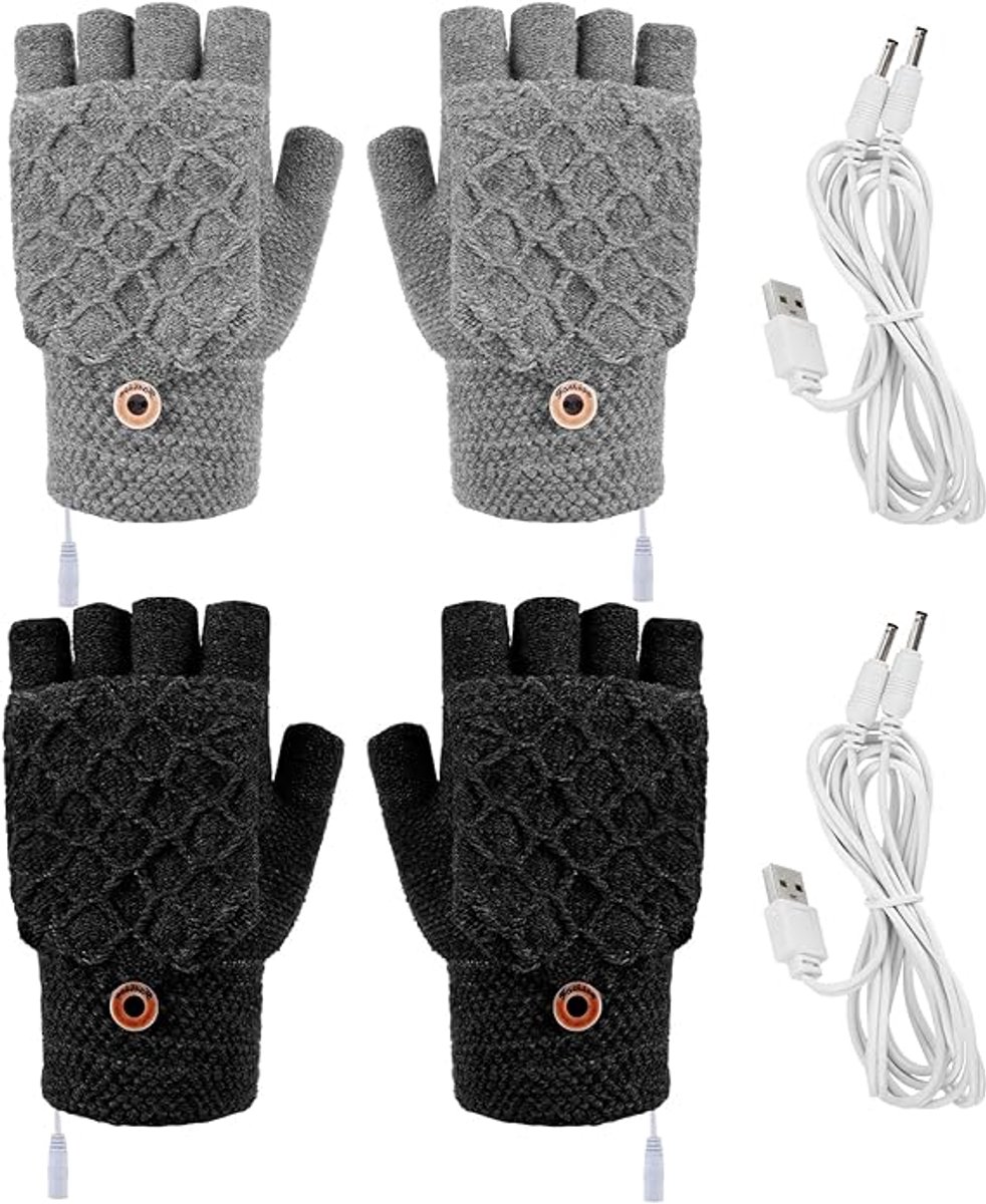 2 Pairs USB Heated Gloves - Heated Gloves - Electric Heating - Double-Sided Heating - Knitted Heated Gloves - Warm Winter Gloves - Gloves with Heating - Gloves - Winter - Unisex - Grey/Black - Image 1