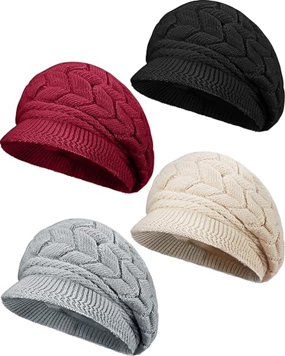 Ladies' Hat - Beanie Hat - Beret - Ladies' Beret - 4 Pieces - Knitted hat for ladies - Warm Winter Beret - Winter Hat - Warm Hats - Winter Hat with Brim - Winter - Fashion - Black/Beige/Grey/Red - Image 1
