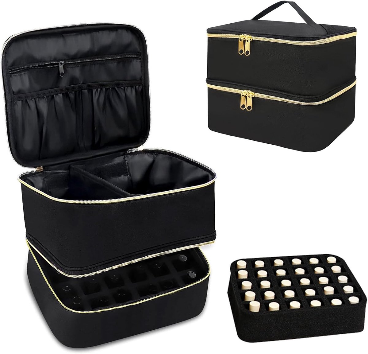 Nail polish storage - Nail polish case - Beauty case - Nail case bag - Nail stylist bag - Nail polish carrying case - double-layer makeup bag - nail accessories - nail organizer - storage box - for 30 bottles and nail lamp - 25*20*21 cm - black - Image 1