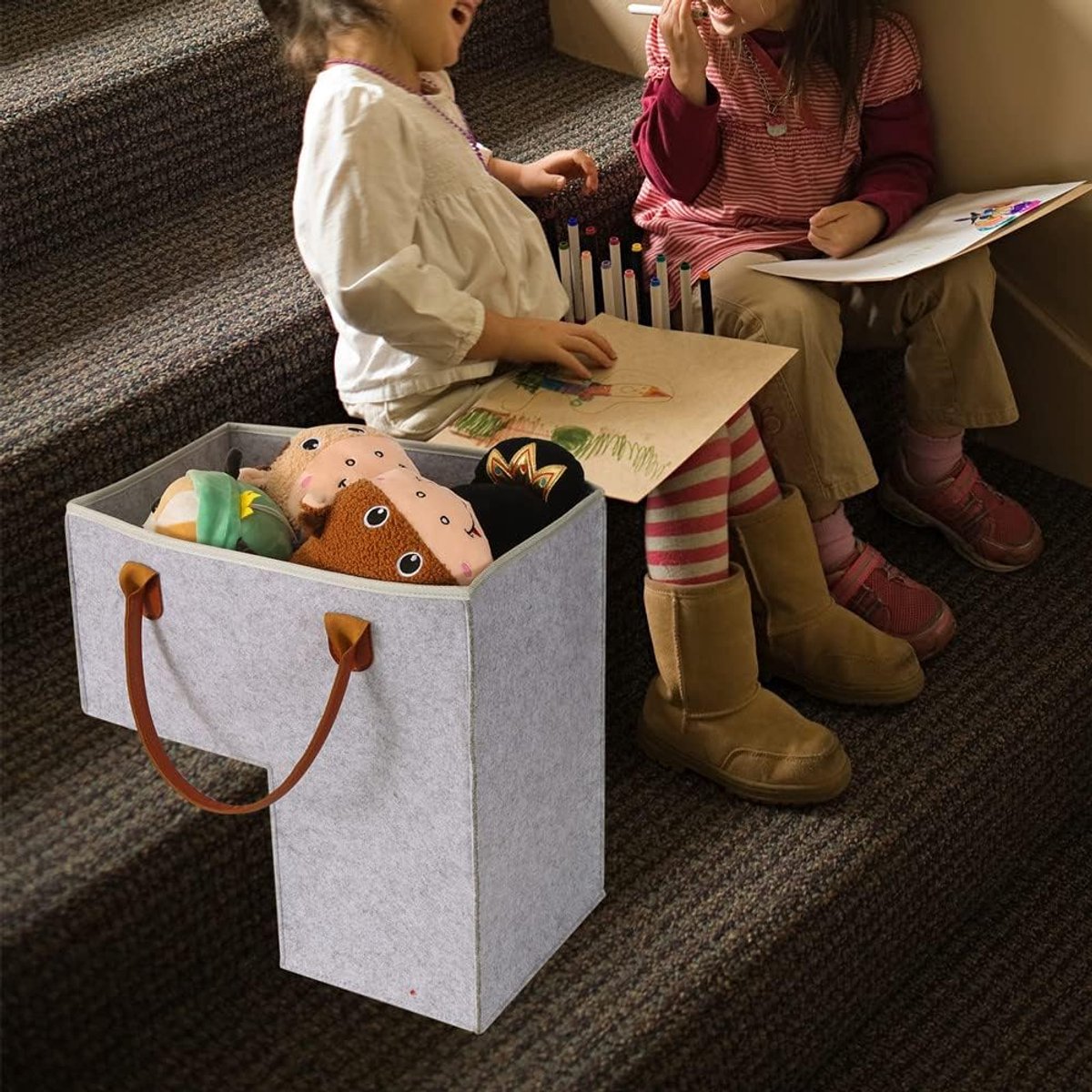 Stair Organizer Basket - Stair Basket - L-shaped foldable stair basket - Storage Bag - Felt Stair Basket - Laundry Basket - Toy Basket - Household Items - for Laundry, Toys - 42*42*25.5 cm - Light Grey - Image 4