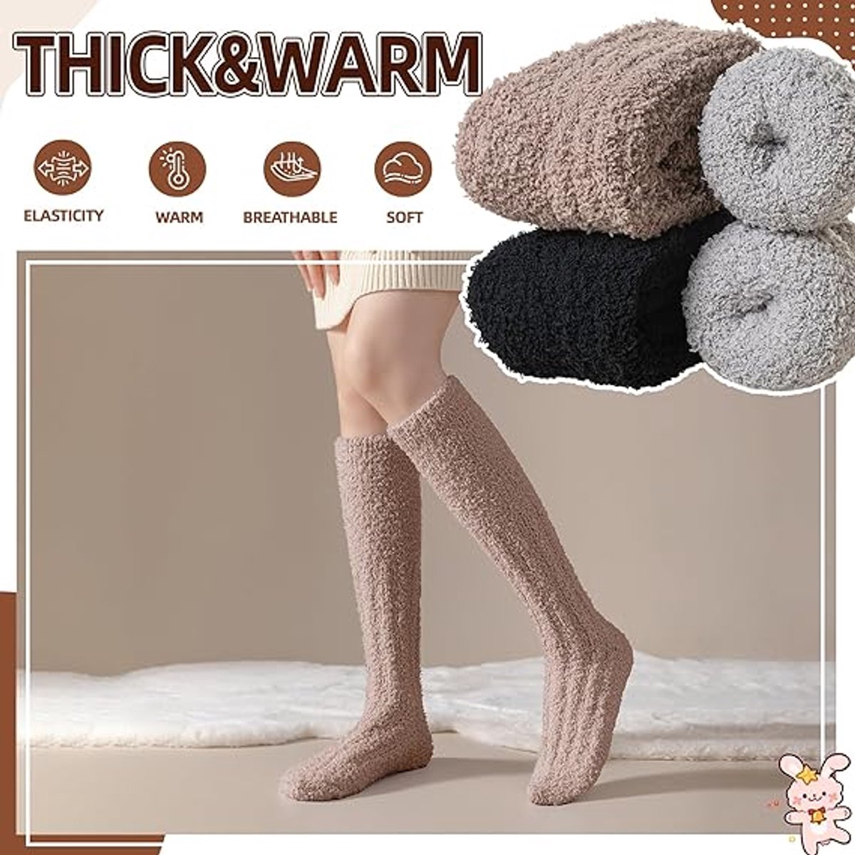 3 Pairs - socks - Knee socks - Warm Fuzzy Fleece Socks - Women's House Socks - Warm Winter Socks - Fluffy Socks - Sleep Socks - House Socks - keep warm - coral fleece - Plush and comfortable - thick plush socks - center tube socks - Image 3