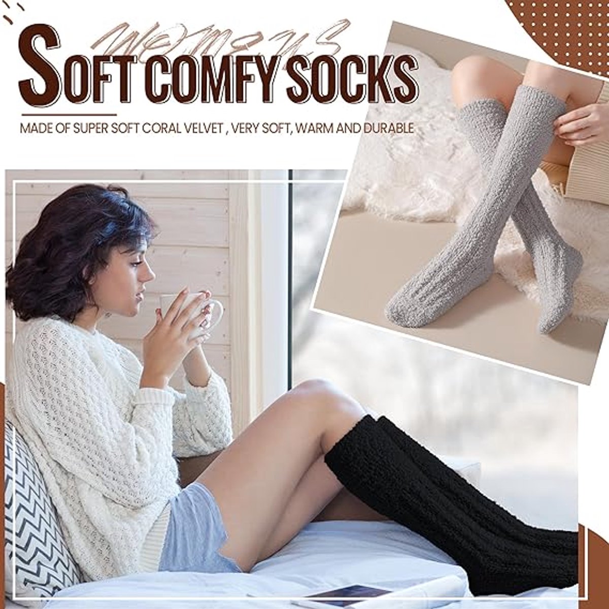 3 Pairs - socks - Knee socks - Warm Fuzzy Fleece Socks - Women's House Socks - Warm Winter Socks - Fluffy Socks - Sleep Socks - House Socks - keep warm - coral fleece - Plush and comfortable - thick plush socks - center tube socks - Image 4