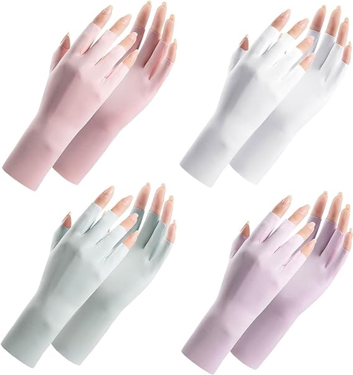 4 pairs - Gloves - Half-finger gloves - women's UV-protective half-finger gloves - summer hand protection gloves - fingerless gloves with sun protection - pink, white, grey and purple - 23 cm - Image 1
