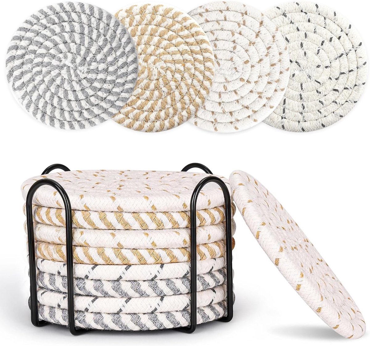 Set of 8 Round Coasters with Stand - Coaster Set - Thermal Insulation - Non-Slip Braided Cotton Coasters - Coasters for Glasses - for Glasses - For Drinks, Bar, Cups, Table Coasters - Image 1