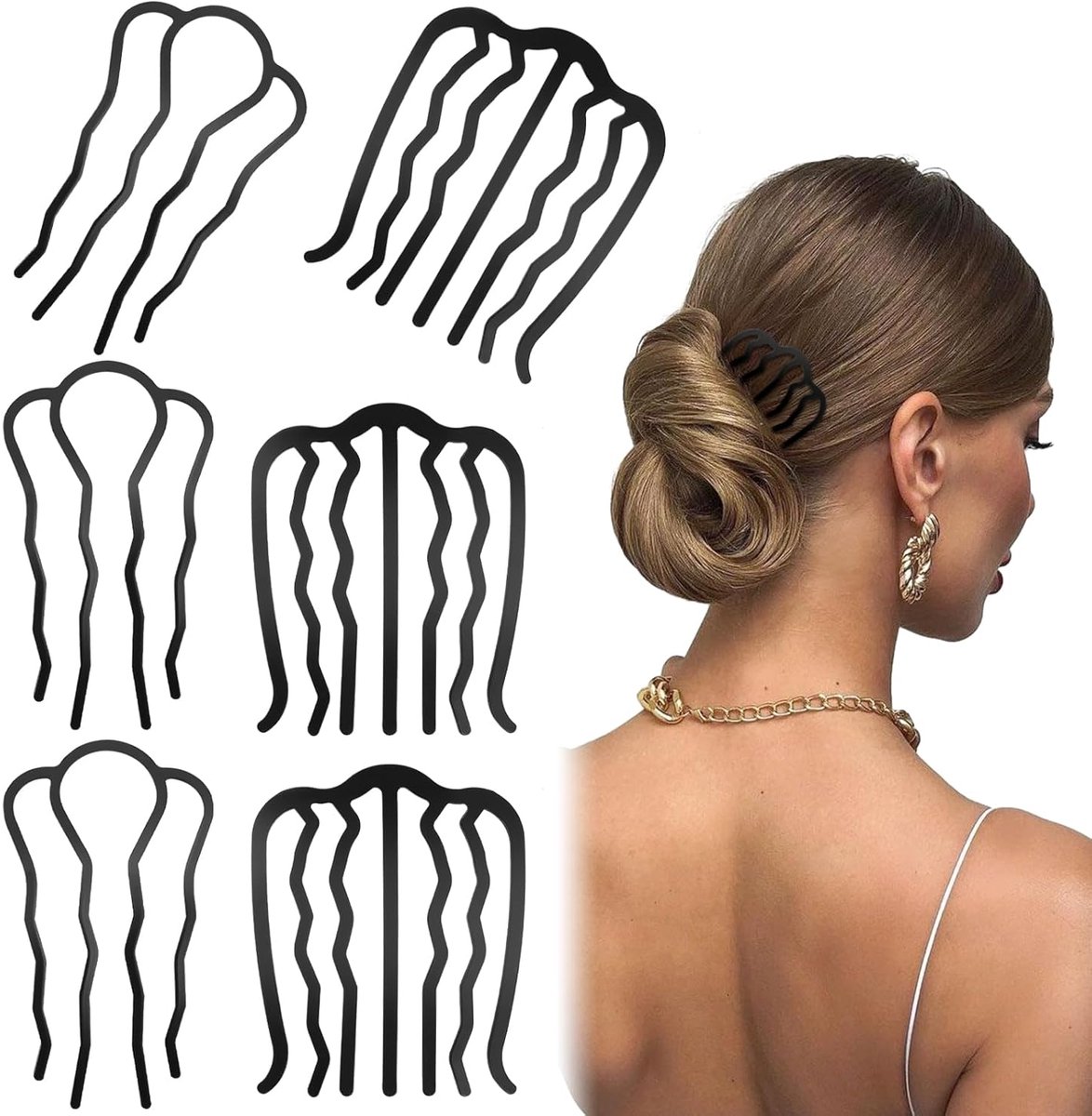 6 pieces - metal hair comb - Hair clip - Hairpin - Hair clips - U-shaped side comb - French hair comb - Hairpins - Hair accessories - vintage updo comb - combination of thick and fine hair - black - Image 1