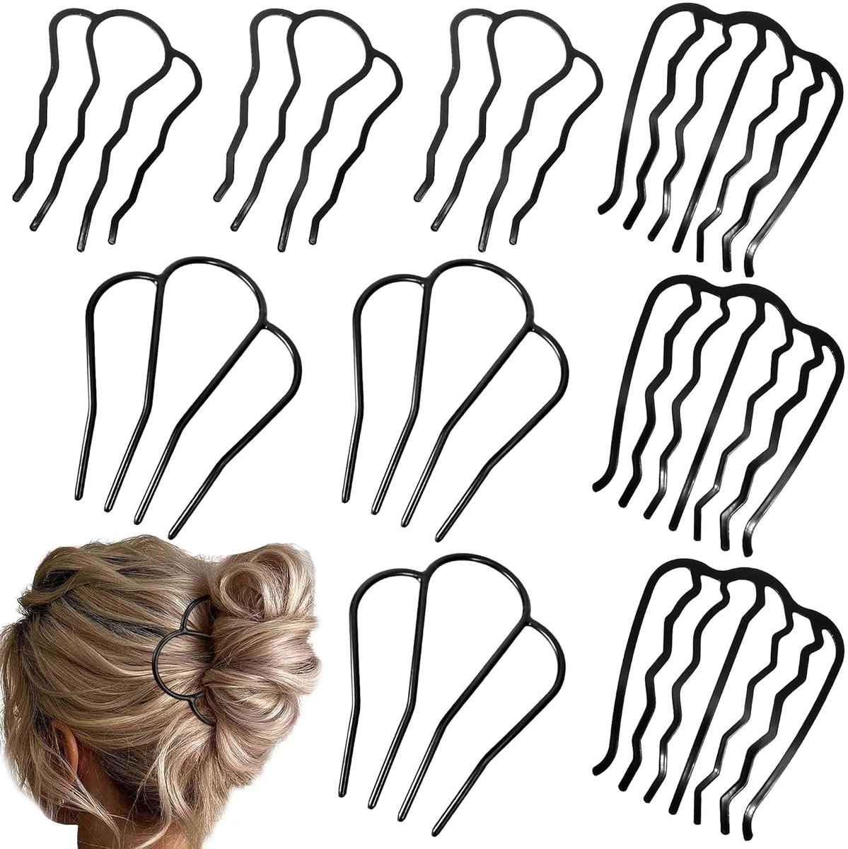 9 pieces - metal hair comb - Hair clip - Hairpin - Hair clips - U-shaped side comb - French hair comb - Hairpins - Hair accessories - vintage updo comb - for fine, long, medium-length, thin and coarse hair - black - Image 1